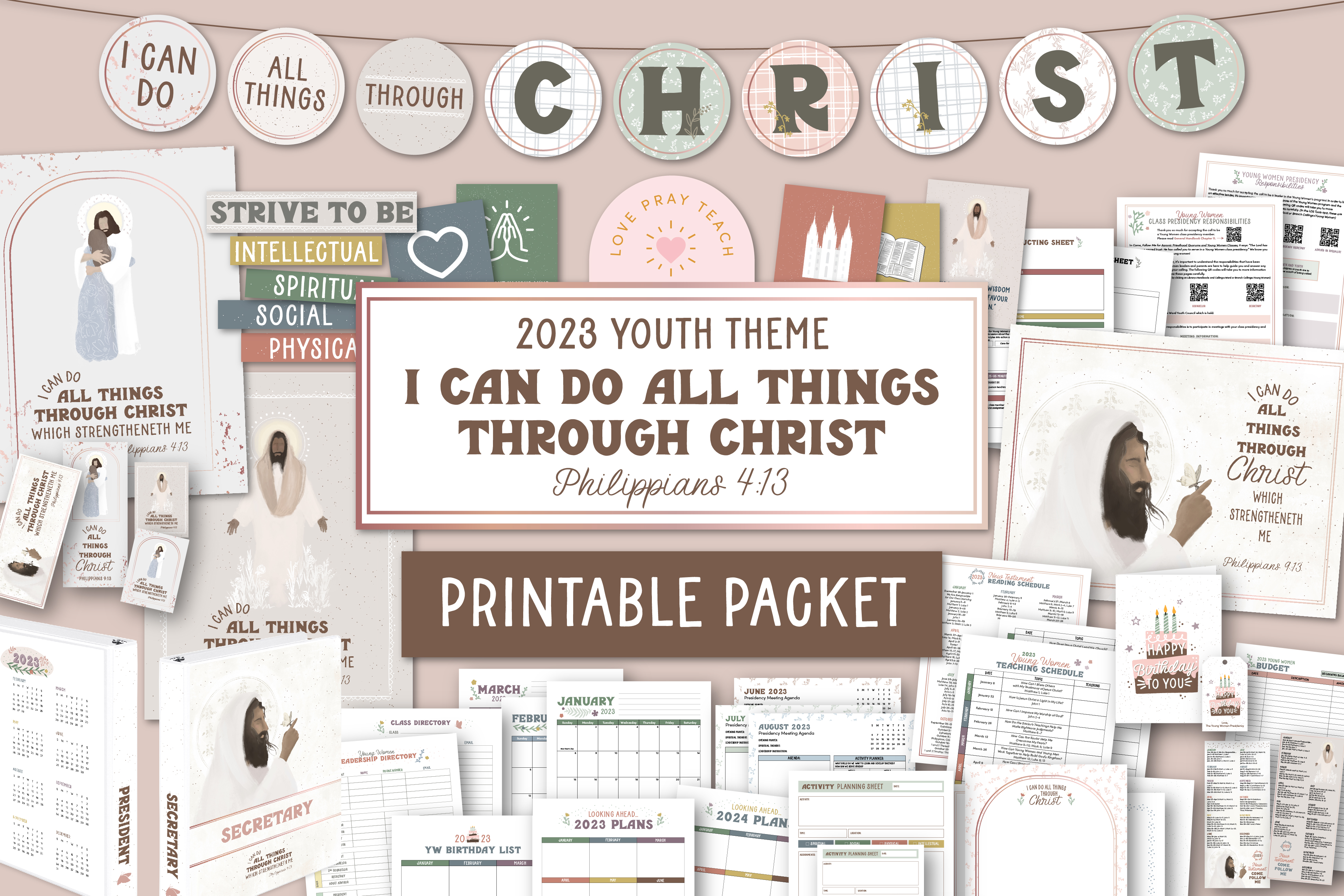 "I Can Do All Things Through Christ which strengtheneth me" Philippians 4:13 2023 Youth Theme printables including binders, posters, gift ideas, and so much more! www.LovePrayTeach.com